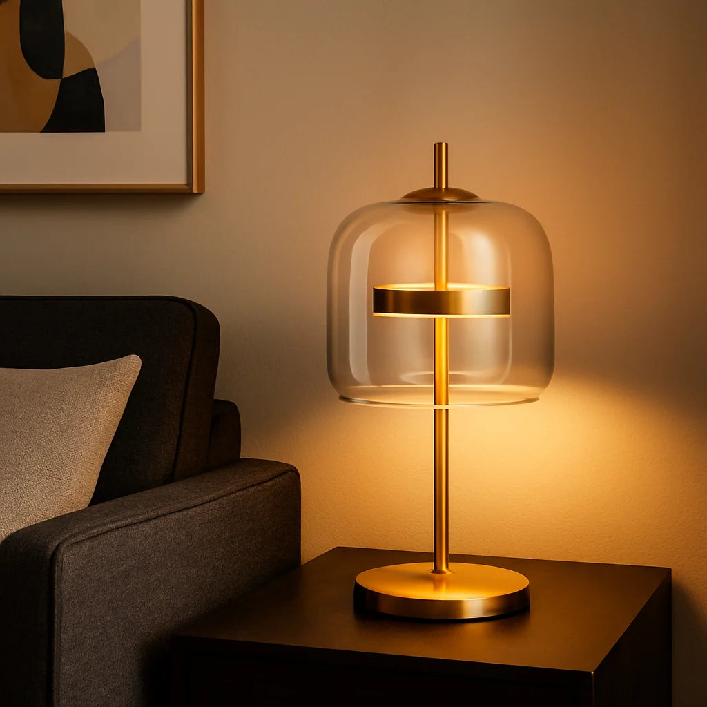 A modern table lamp with a clear glass dome shade and a brushed metal base, casting a warm, ambient glow on a dark bedside table next to a sofa.