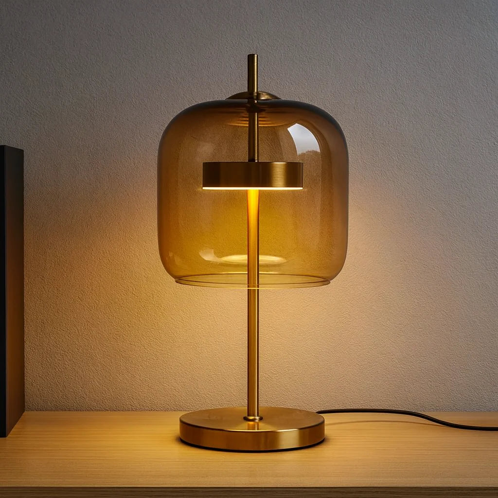 Modern table lamp featuring a sleek amber glass shade and a brushed metal base, emitting a warm glow on a wooden surface for bedside or desk lighting.