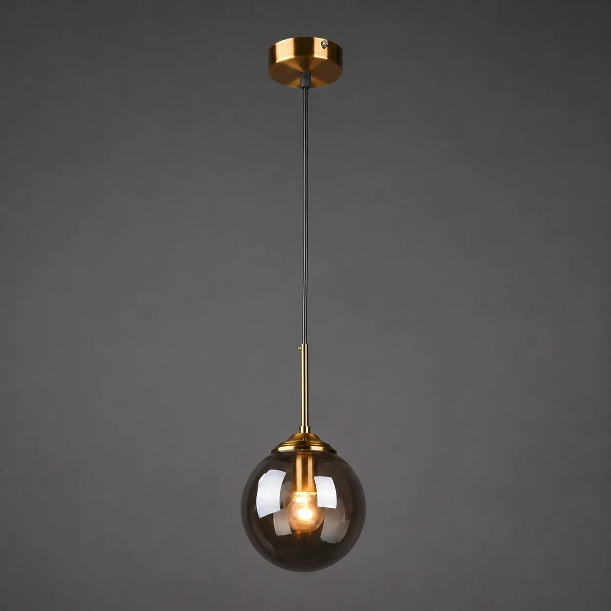 Modern globe glass pendant light featuring a smoky grey glass shade, brass fixture, and a glowing warm white bulb against a dark background.