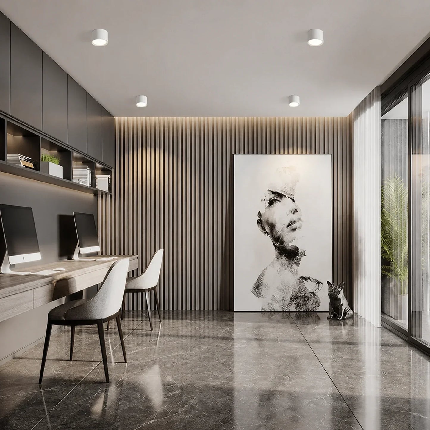 White surface-mounted LED downlights illuminating a modern home office with a wooden desk, slatted wall panelling and polished floor.