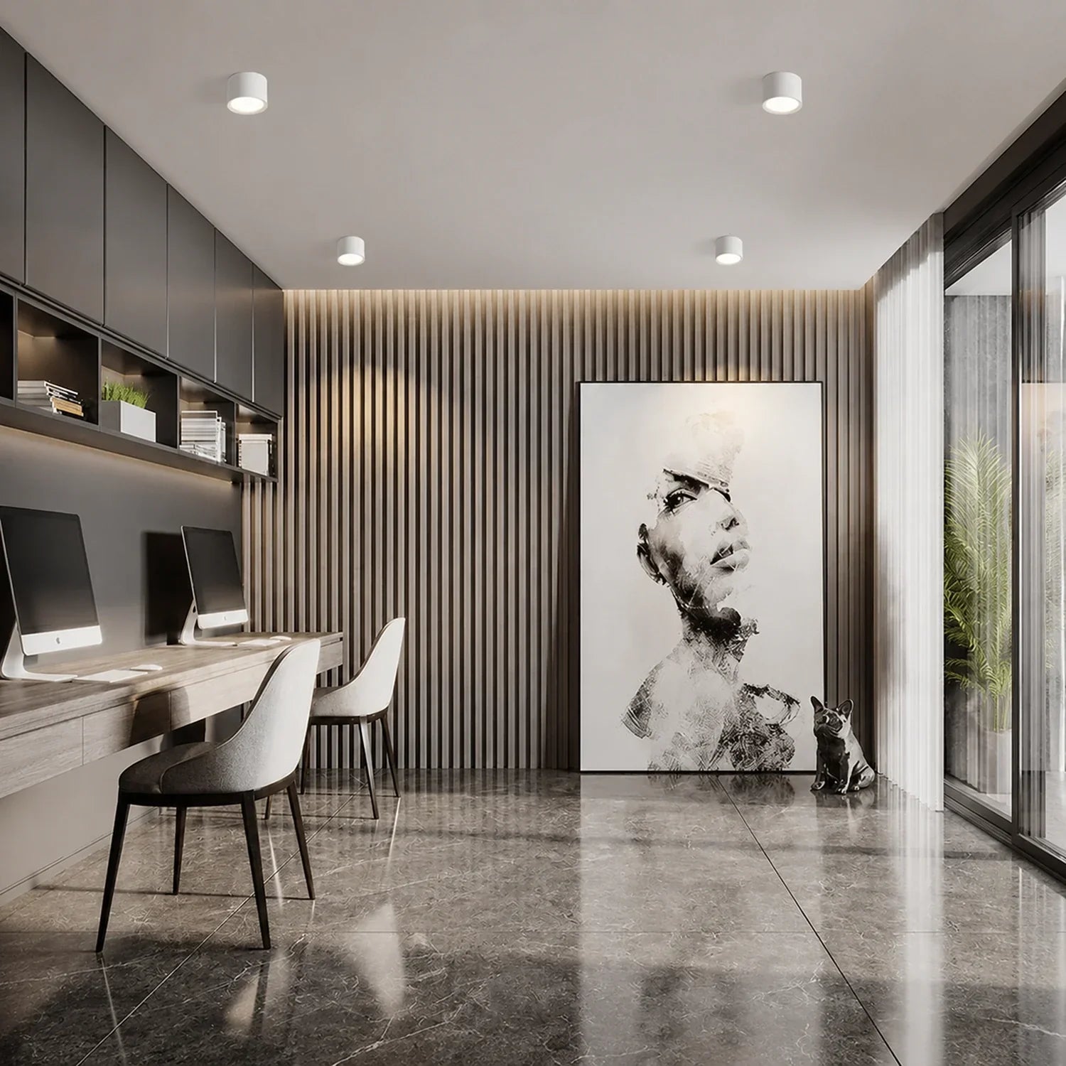 White surface-mounted LED downlights illuminating a modern home office with a wooden desk, slatted wall panelling and polished floor.