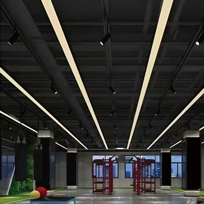 Modern black linear LED pendant lights installed in a commercial gym ceiling, providing warm white illumination over the fitness equipment area.