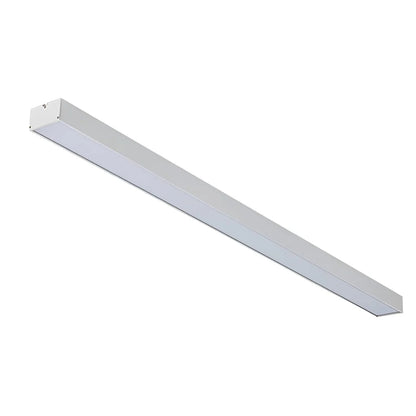 A minimalist white linear LED pendant light for commercial spaces, featuring a sleek rectangular design suitable for modern office lighting installations.