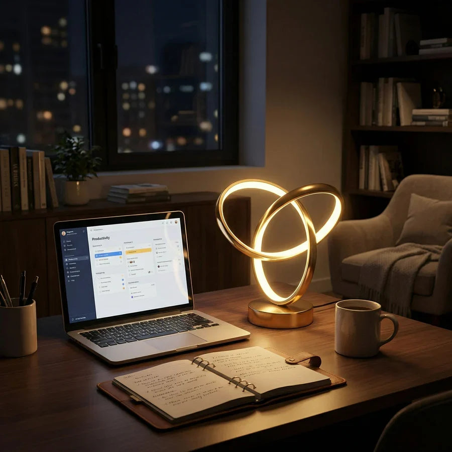 Gold spiral desk lamp beside a laptop