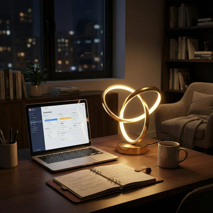 Gold spiral desk lamp beside a laptop