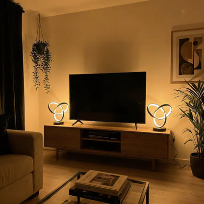 Spiral LED lamps illuminating a living room