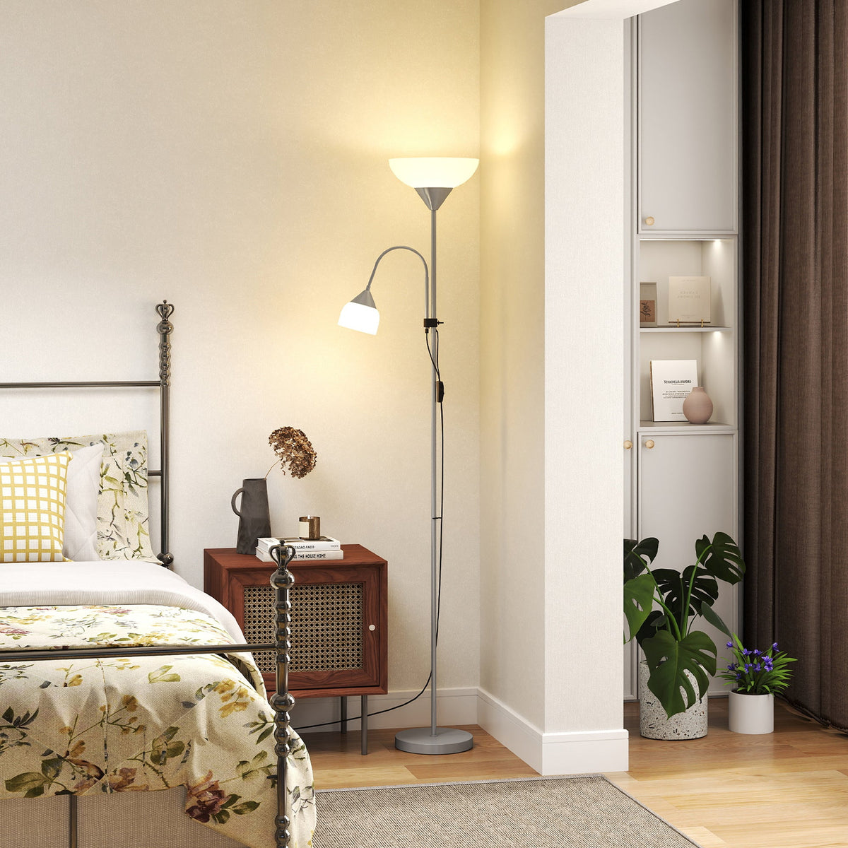 Silver tone mother and child floor lamp with uplighter and reading light