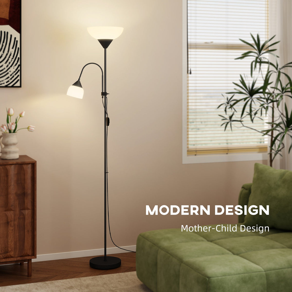 Black mother and child floor lamp with uplighter and reading light
