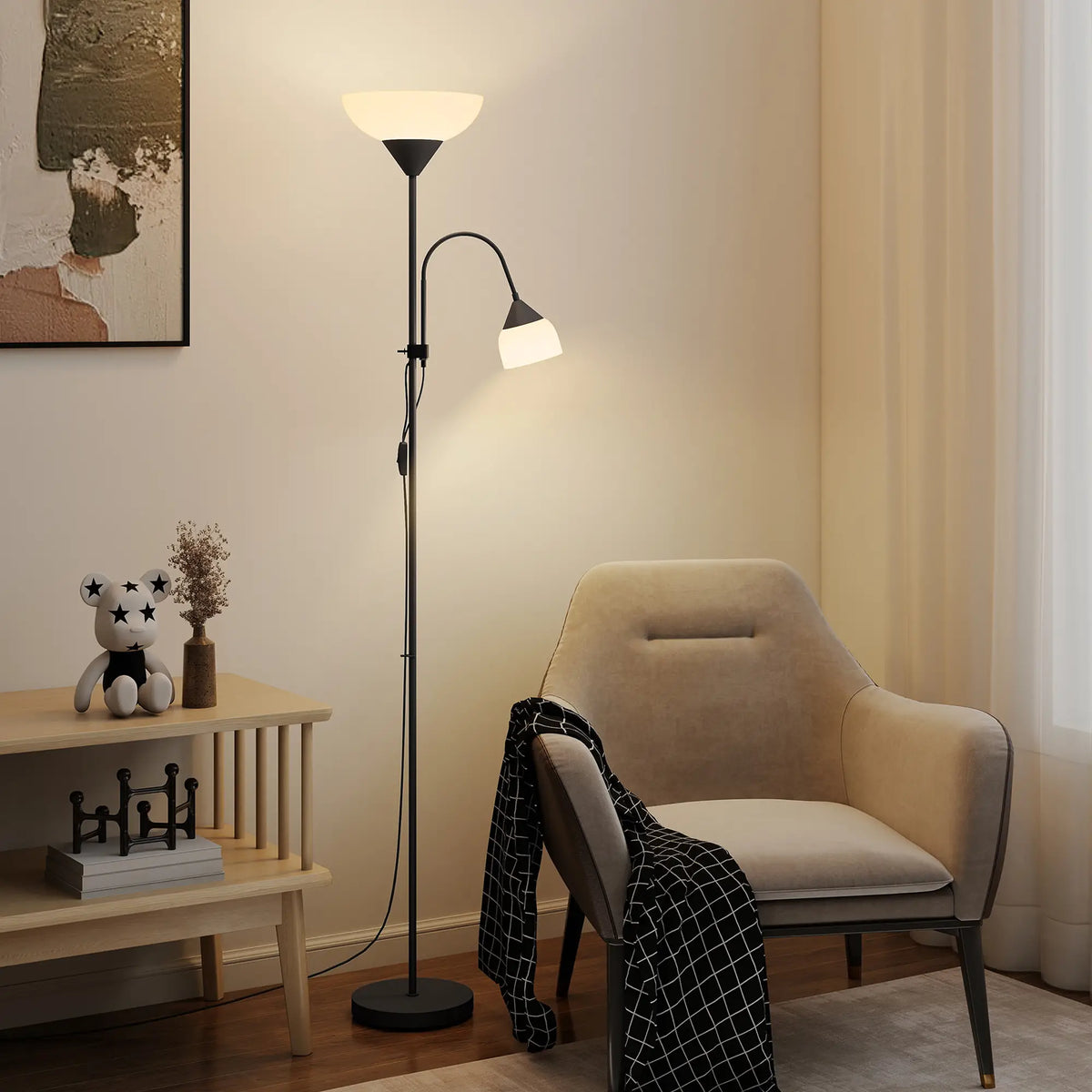 Black mother and child floor lamp with uplighter and reading light