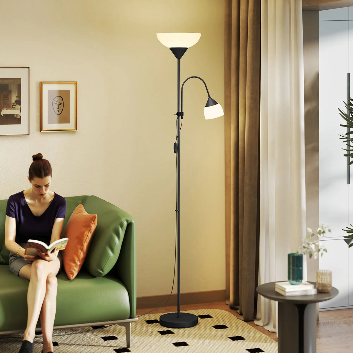 Black mother and child floor lamp with uplighter and reading light