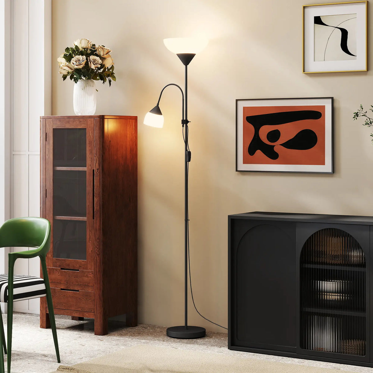 Black mother and child floor lamp with uplighter and reading light