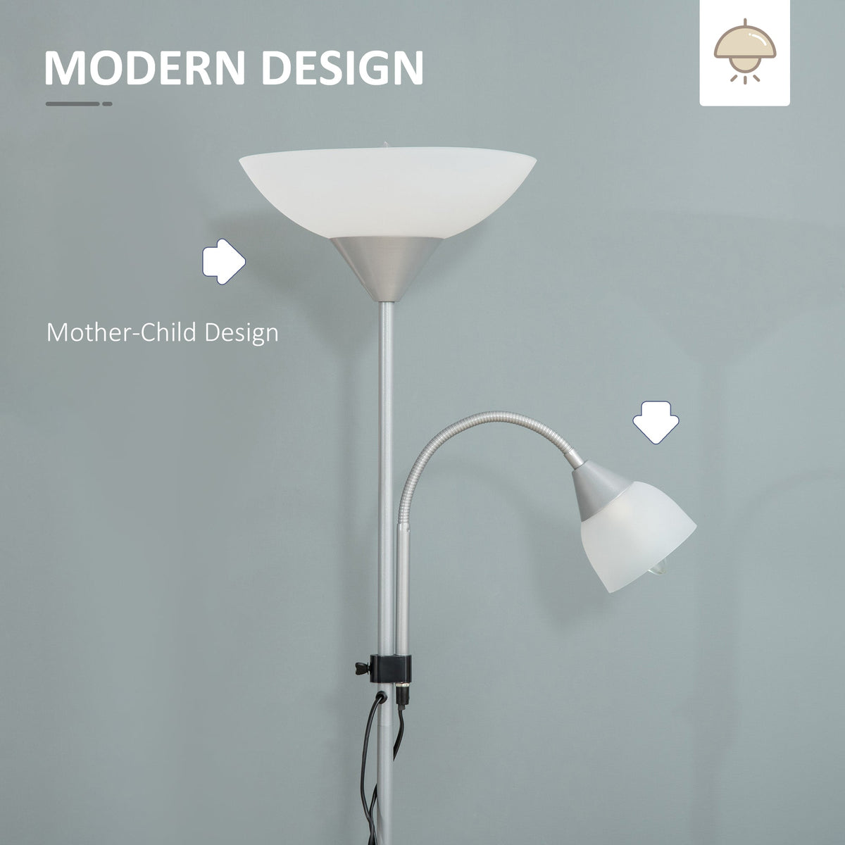 Silver tone mother and child floor lamp with uplighter and reading light