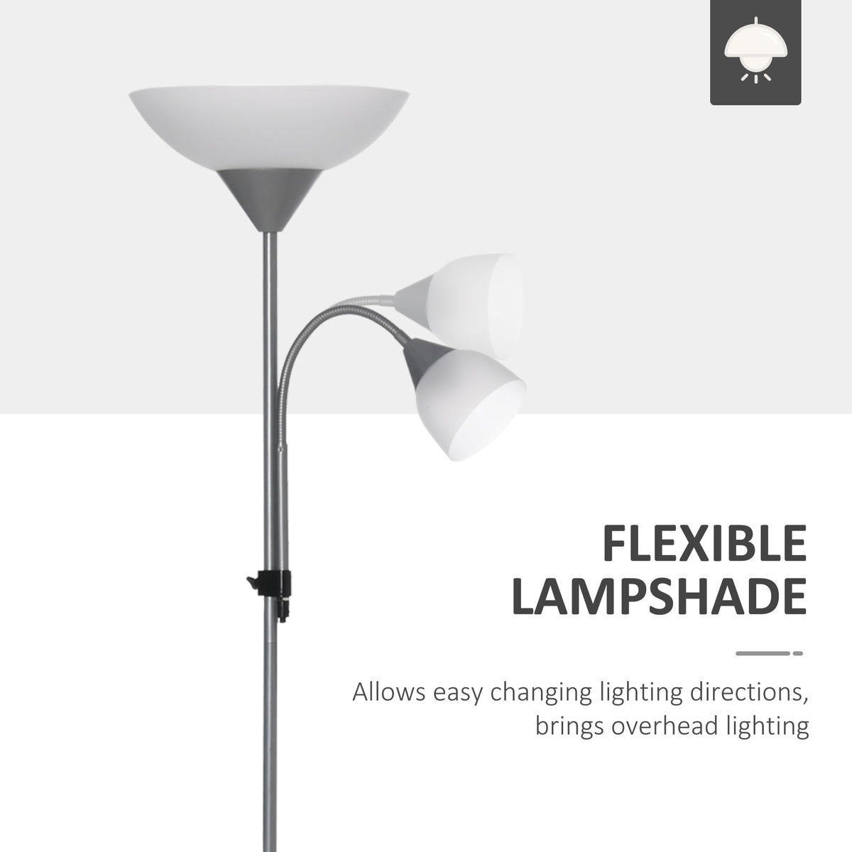 Silver tone mother and child floor lamp showing the adjustable gooseneck arm