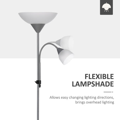 Silver tone mother and child floor lamp showing the adjustable gooseneck arm