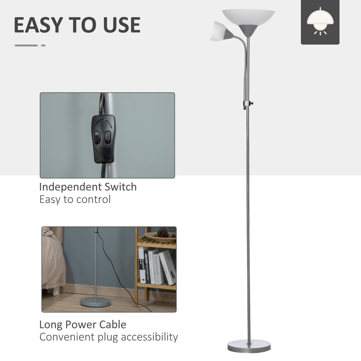 Silver tone mother and child floor lamp with independent switches