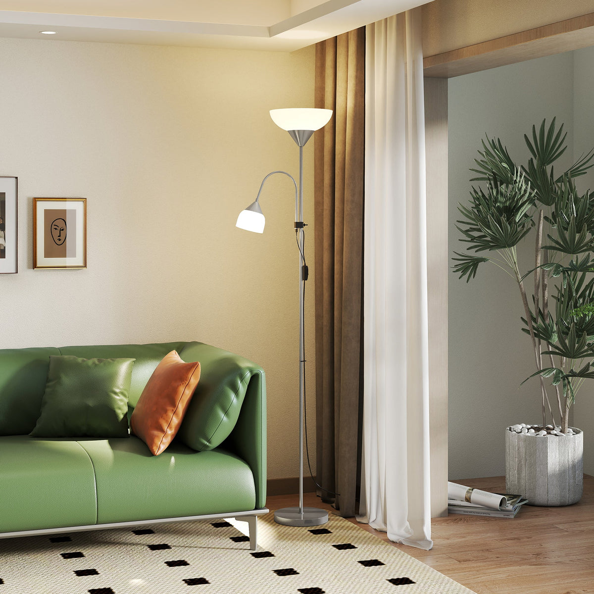 Silver tone mother and child floor lamp with uplighter and reading light