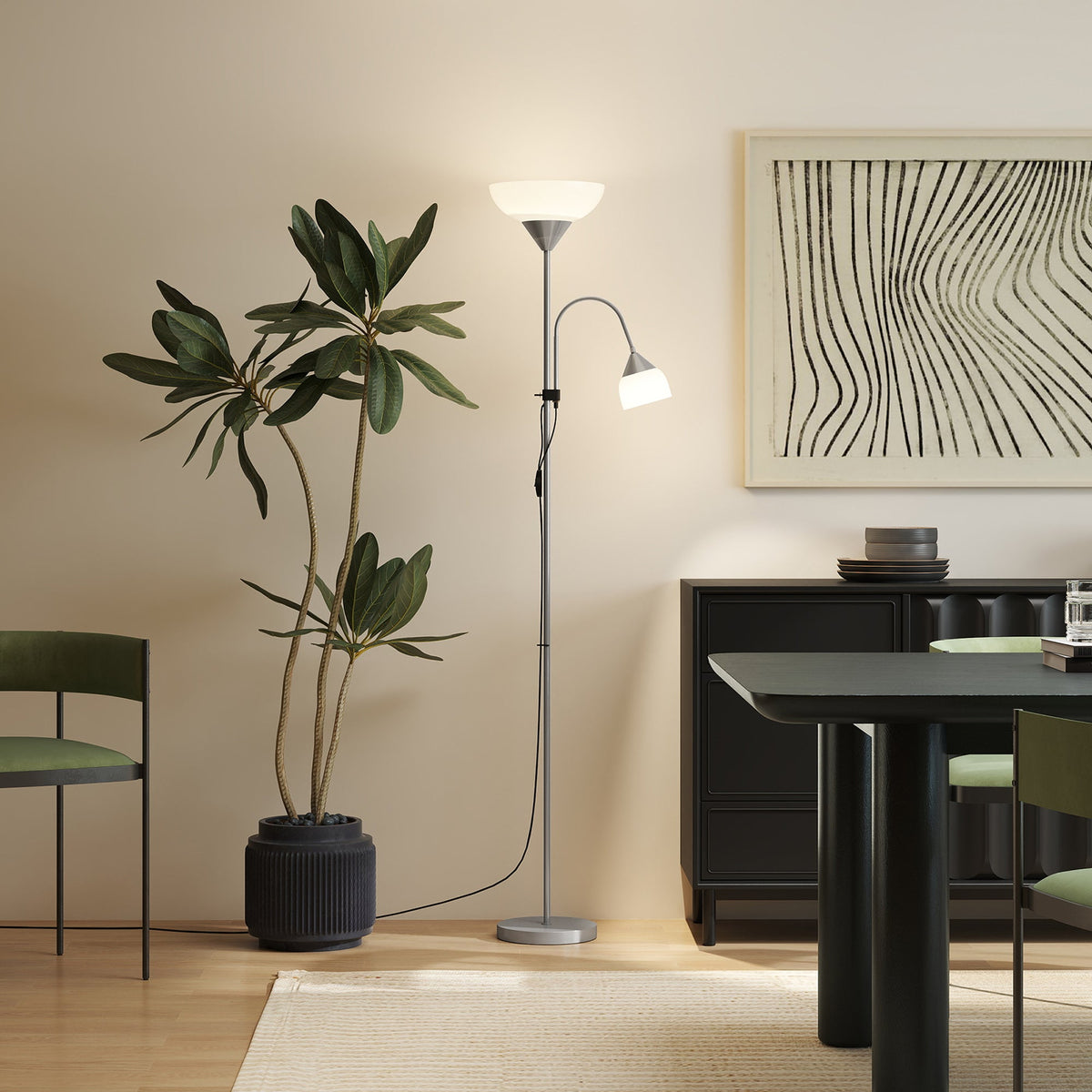 Silver tone mother and child floor lamp with uplighter and reading light