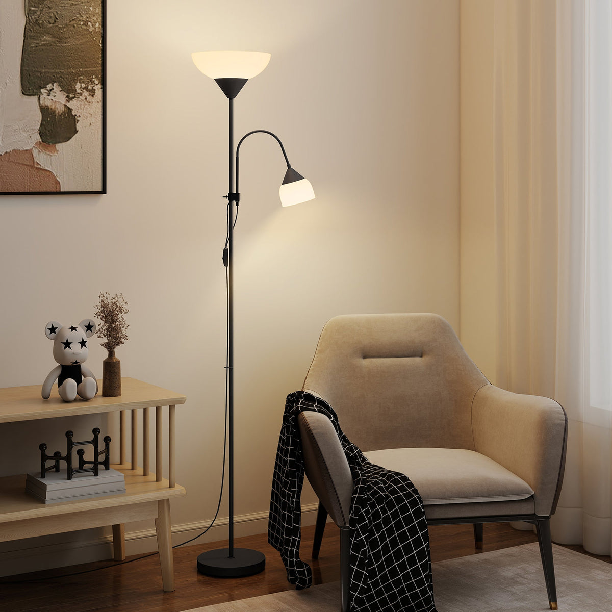 Black mother and child floor lamp with uplighter and reading light