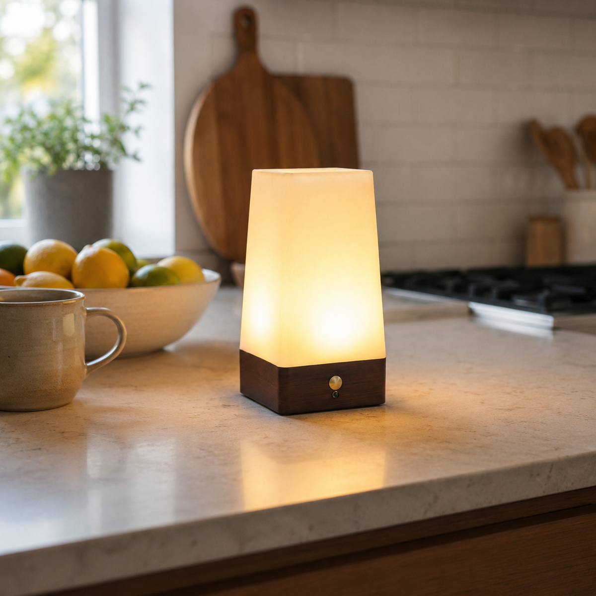 Motion sensor table lamp with warm light on a kitchen counter
