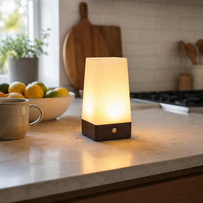 Motion sensor table lamp with warm light on a kitchen counter