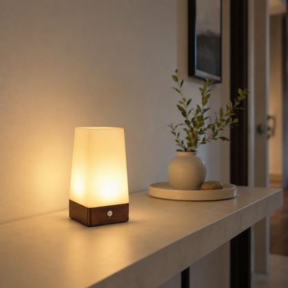 Cordless motion sensor lamp on a sideboard