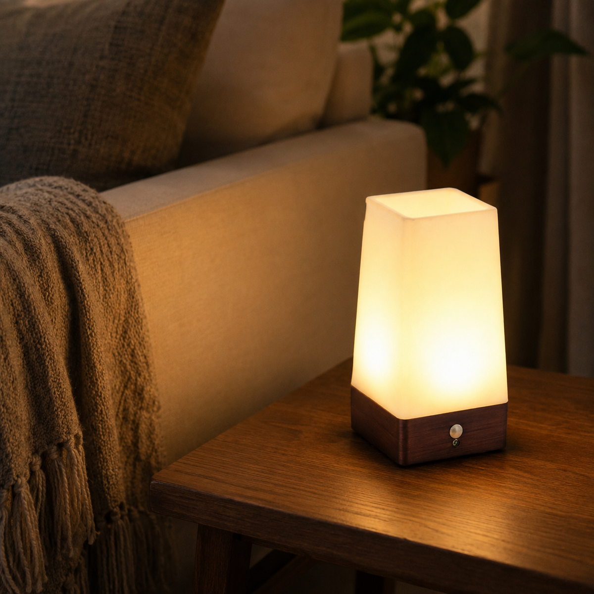 Warm illuminated sensor lamp beside a sofa