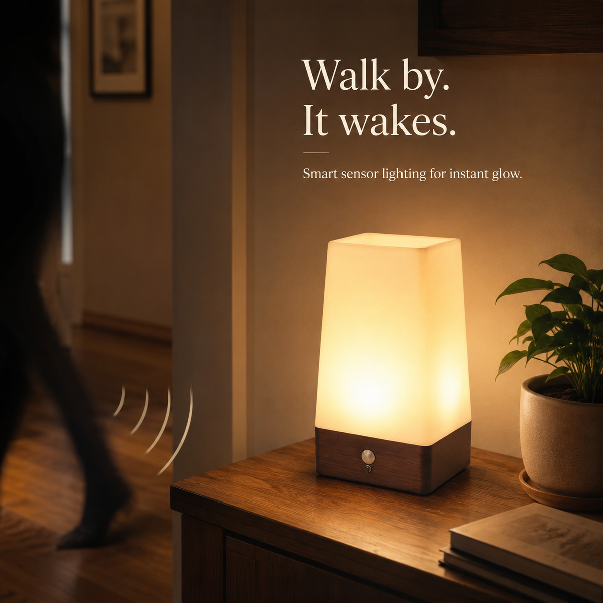 Motion sensor lamp lighting as someone walks past