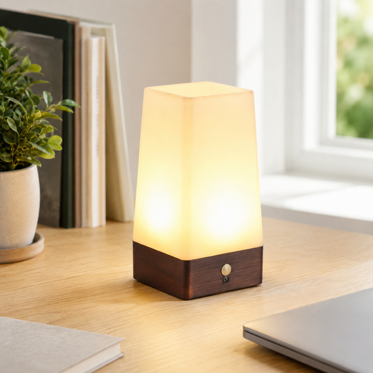 Battery-powered table lamp on a desk