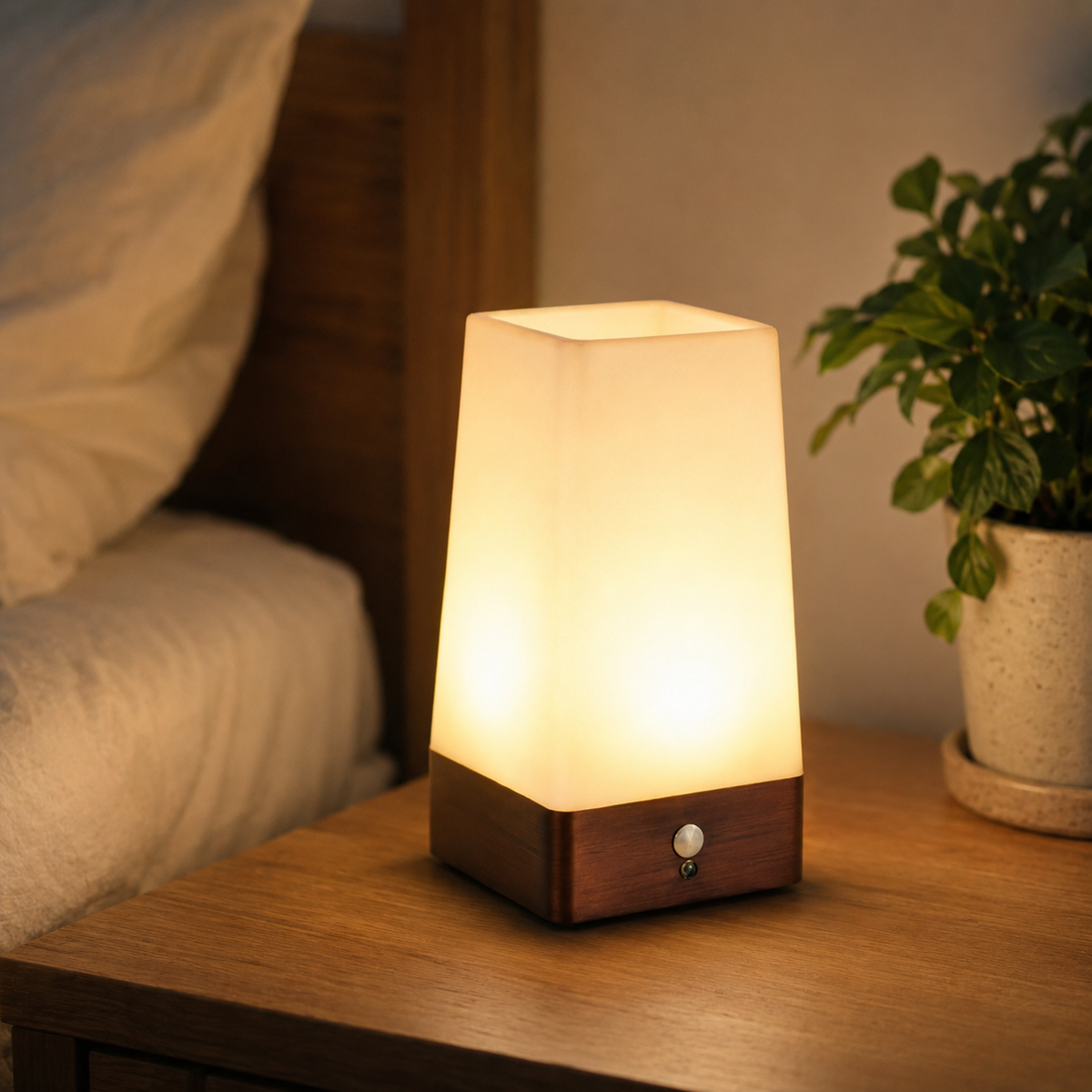 Motion sensor night light beside a bed