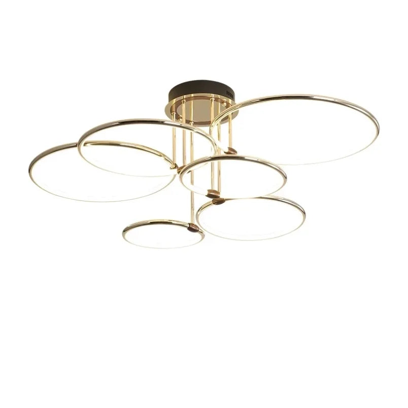 Gold six-ring LED ceiling light viewed from below