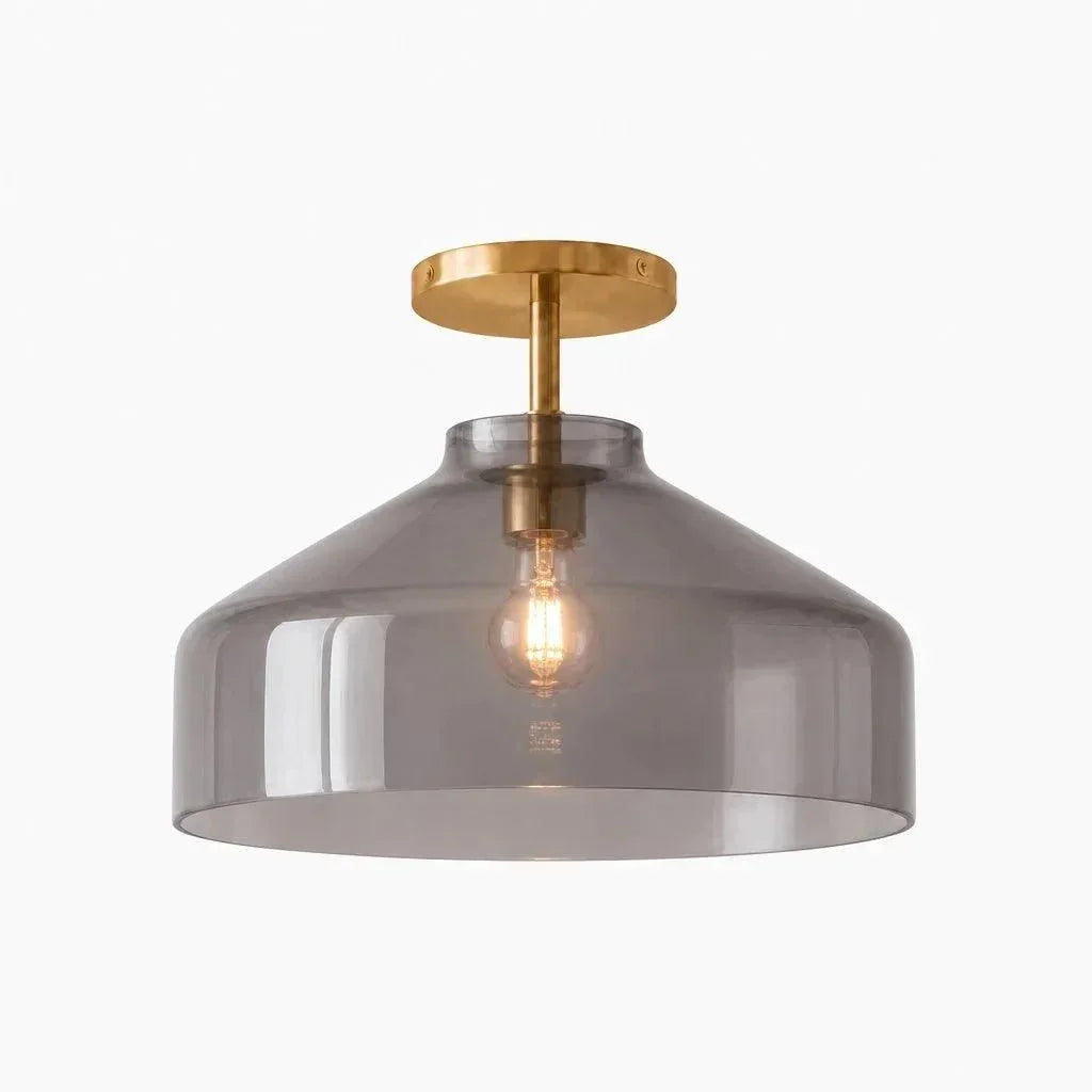 Wide smoke glass ceiling light with brass hardware