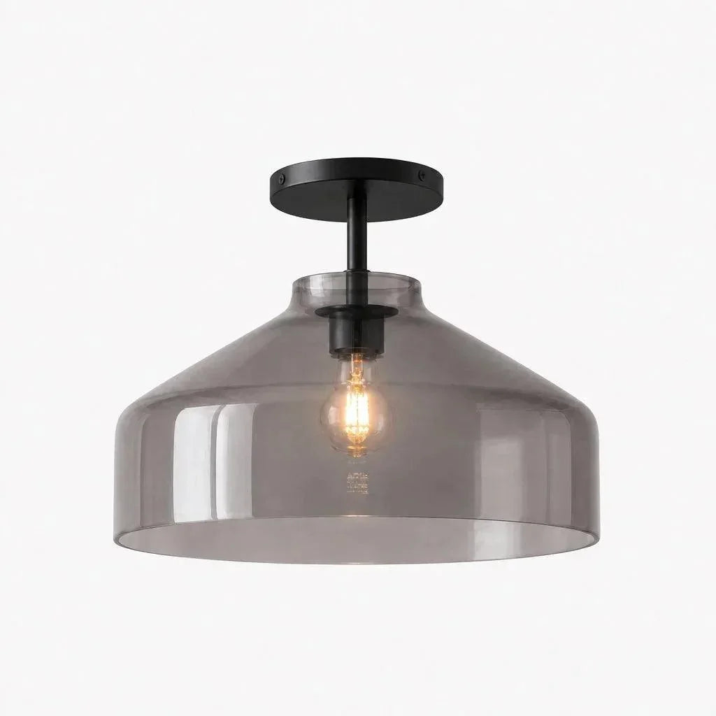 Wide smoke glass ceiling light with dark hardware