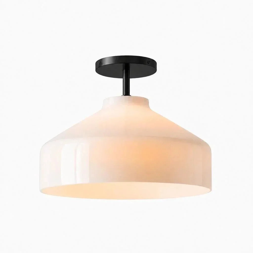 Wide milk glass ceiling light with dark hardware