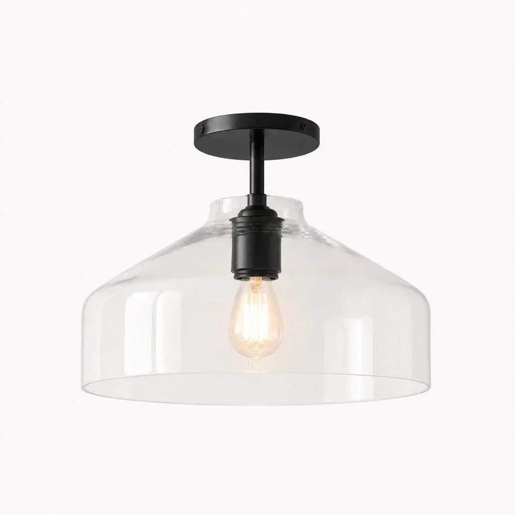 Wide clear glass ceiling light with dark hardware