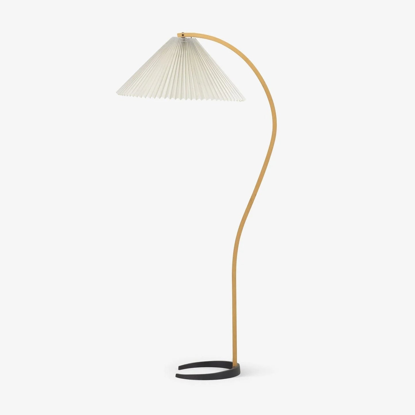 Nordic style floor lamp featuring a curved beech wood stem, a circular black base, and a white pleated fabric shade against a plain white background.