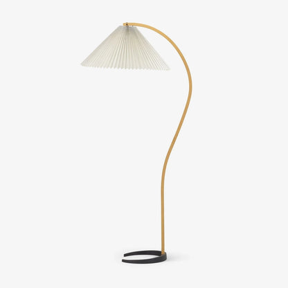 Nordic style floor lamp featuring a curved beech wood stem, a circular black base, and a white pleated fabric shade against a plain white background.