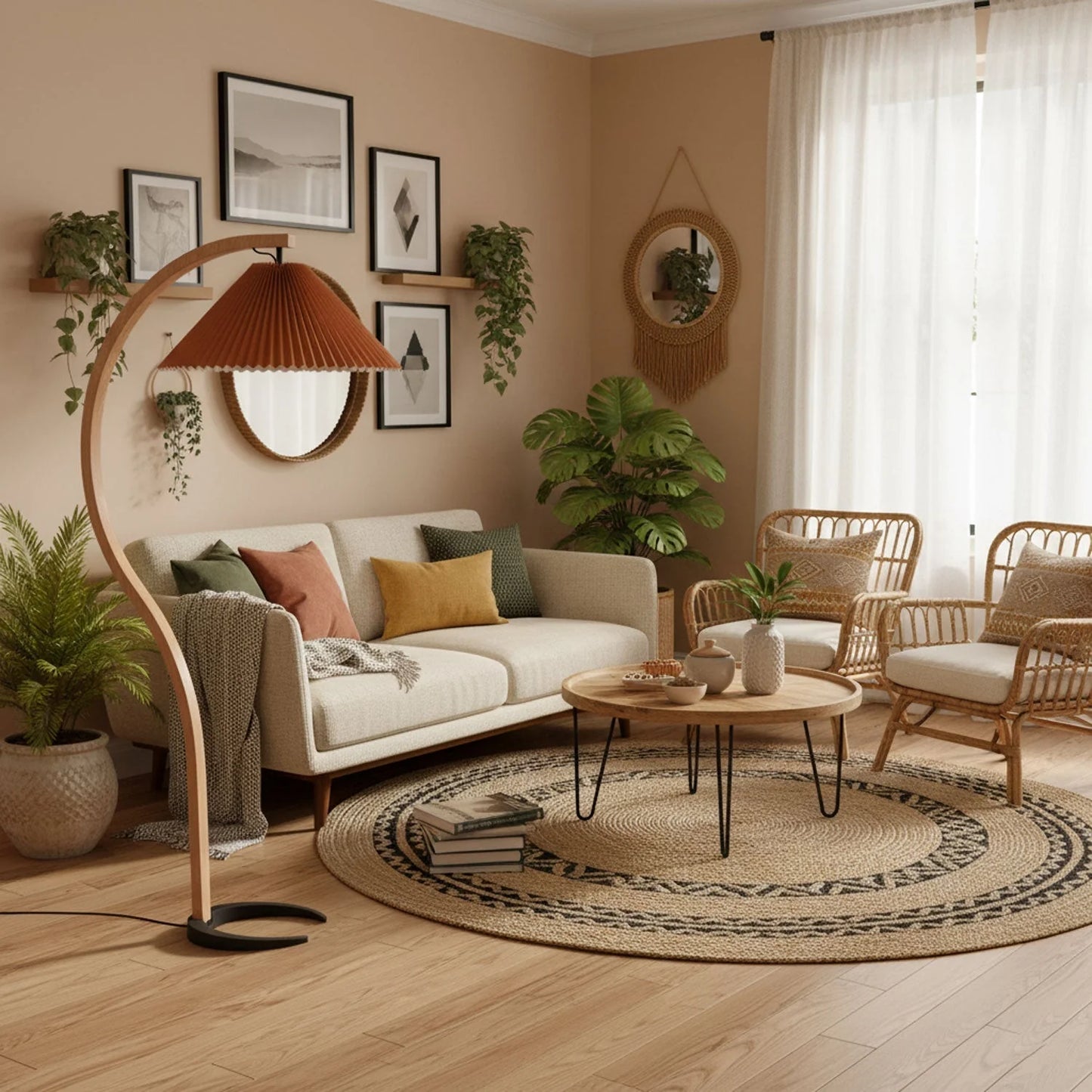 Nordic beech wood floor lamp with a rust-coloured pleated shade standing in a cosy, modern living room with rattan furniture and house plants.
