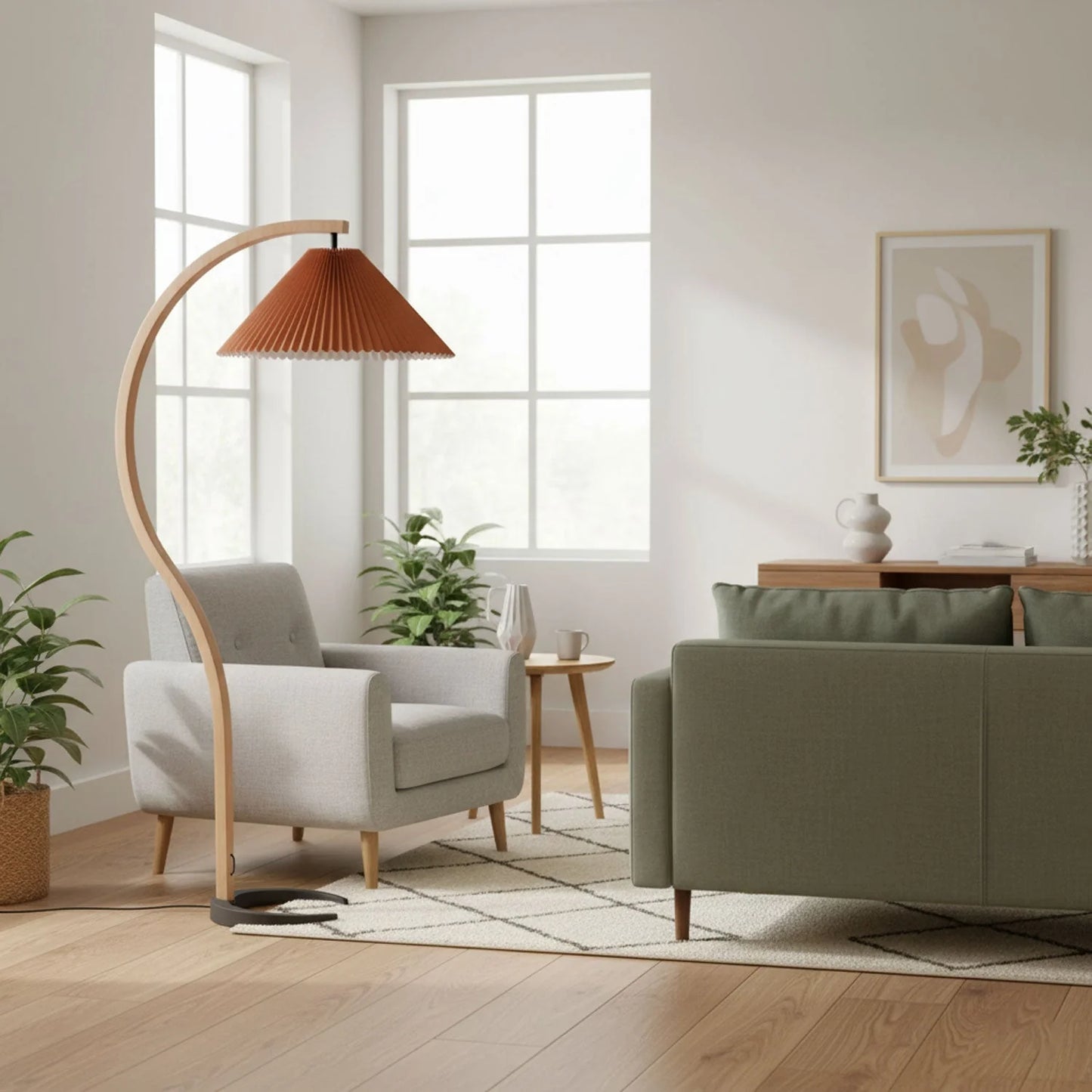 Nordic style floor lamp with a curved beech wood stand and a coffee-coloured pleated shade, positioned in a bright, modern living room interior.
