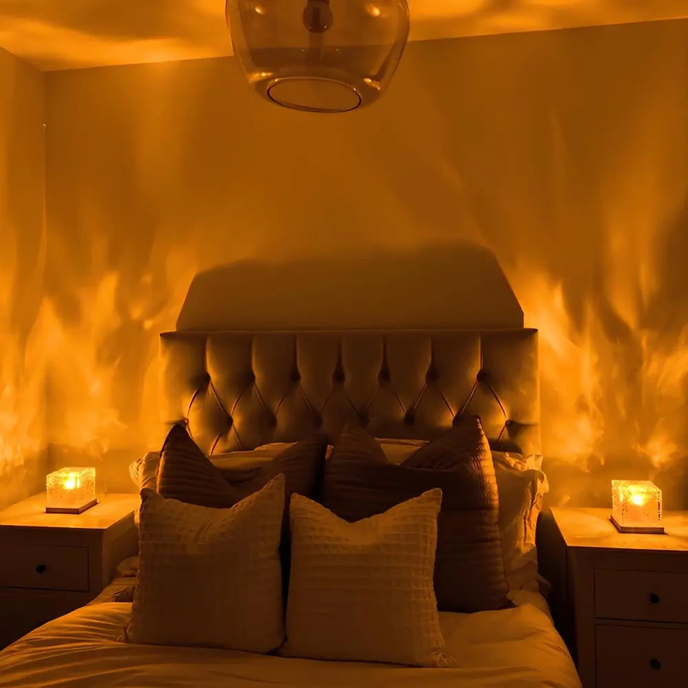 Two cube lamps casting amber light across a bedroom