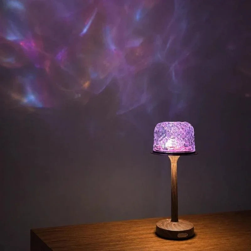 Purple aurora pattern from an oak-finish table lamp