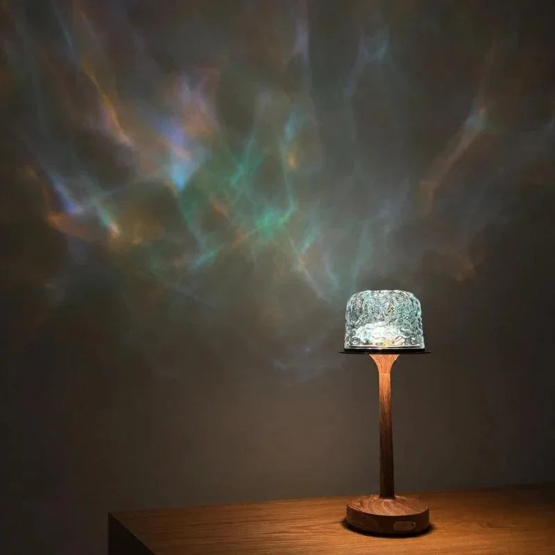 Multicolour projection above an oak-finish lamp