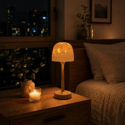 Warm shaded table lamp beside a sofa