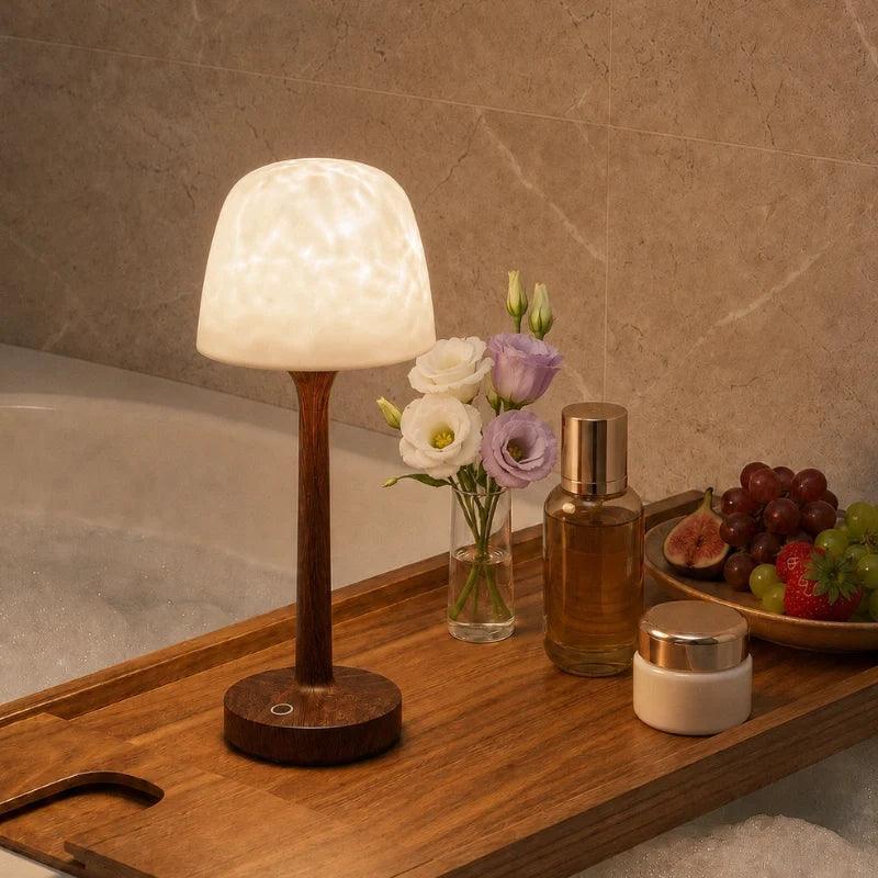 Shaded table lamp with a wood-effect stem