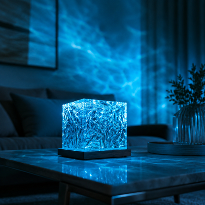 Blue ocean wave cube lamp projecting ripples across a living room