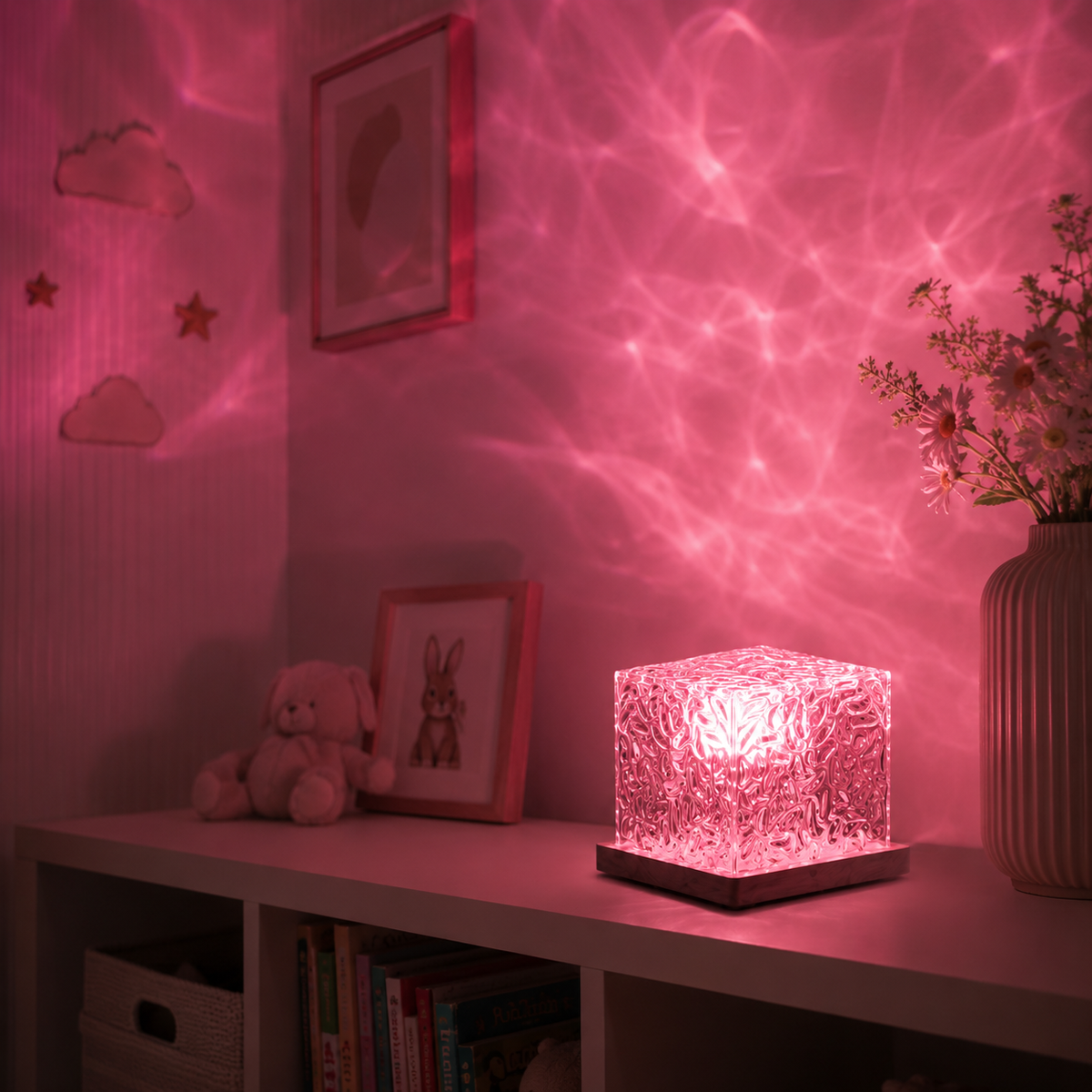 Pink illuminated ocean wave projector lamp