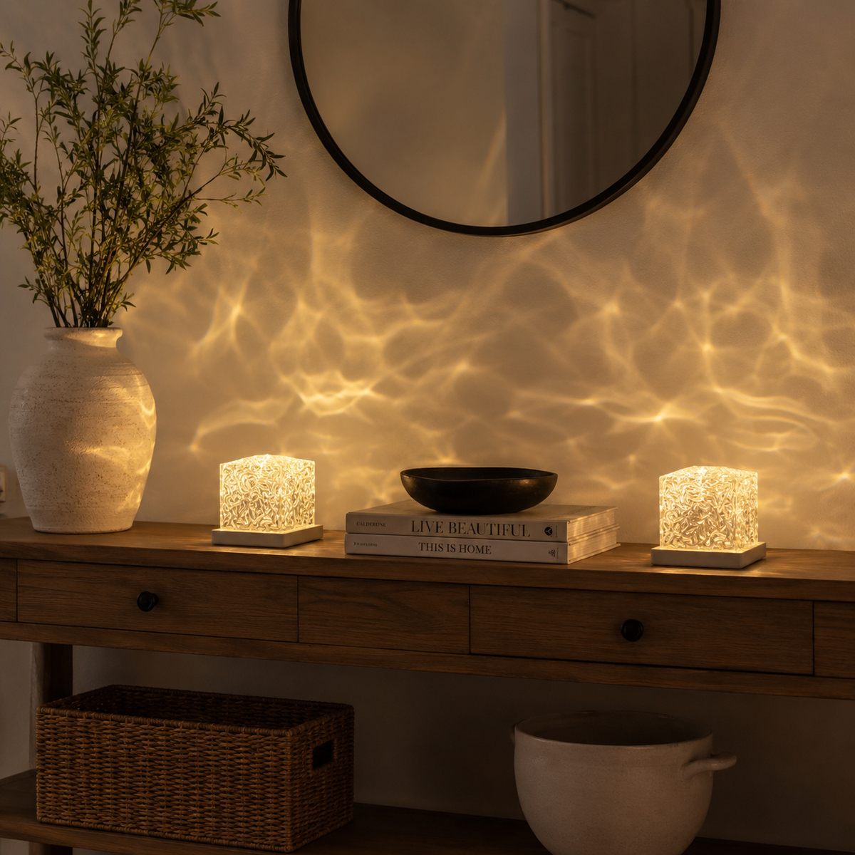 Ocean cube lamps projecting warm ripple patterns on a sideboard