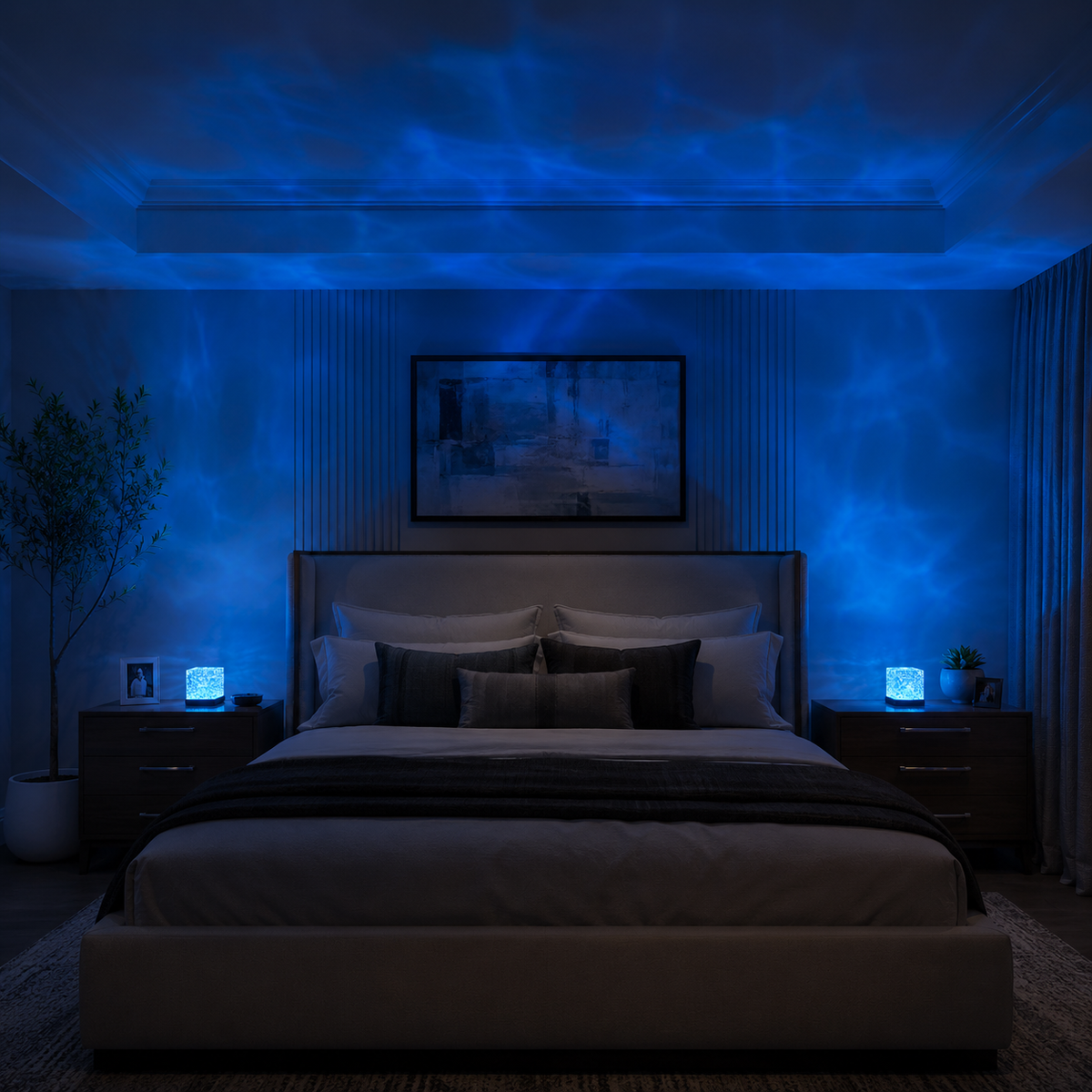 Ocean wave lights illuminating bedroom walls and ceiling