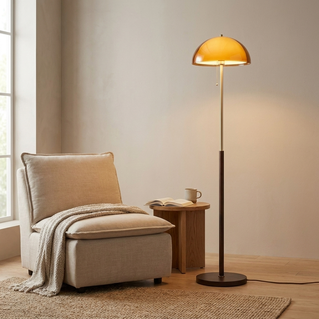 Orange floor lamp with dome metal shade