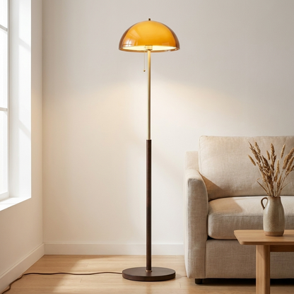 Orange floor lamp with wood base and chrome-finish pole