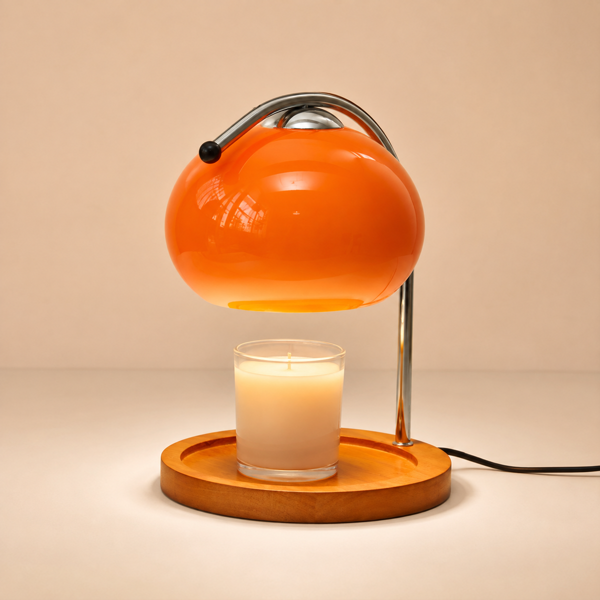 Orange glass candle warmer lamp with solid wood base